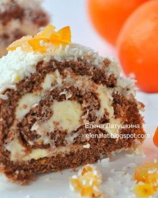 Шоколадный рулет с ванильно-апельсиновым пудингом и кокосом