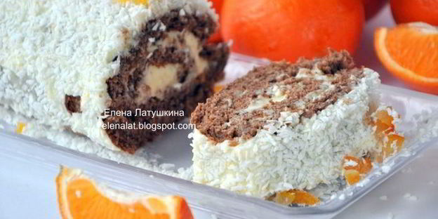 шоколадный рулет с ванильно-апельсиновым пудингом и кокосом
