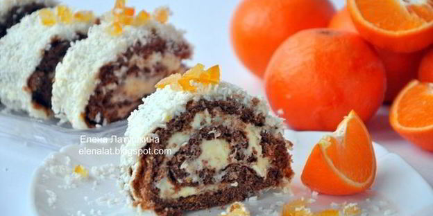 шоколадный рулет с ванильно-апельсиновым пудингом и кокосом