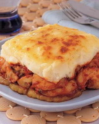 Картофельное суфле с креветками и баклажанами