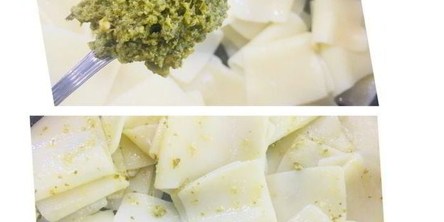 бесбармачная лапша с рыбой в соусе песто