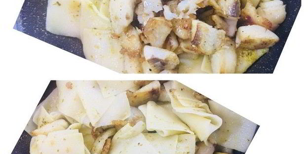 бесбармачная лапша с рыбой в соусе песто