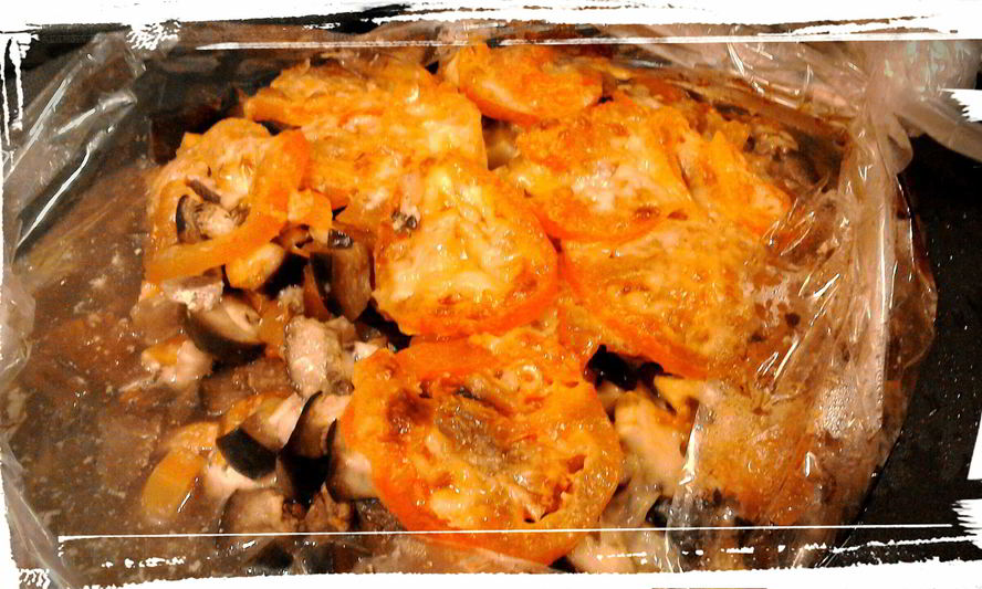 Рецепт баклажанов запеченных в рукаве с куриным филе