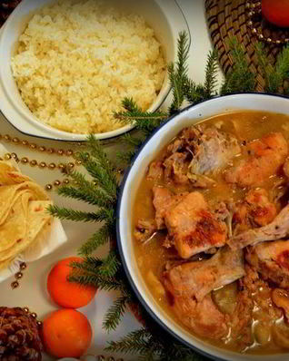 Фрикасе из кролика с рисом и лепешками