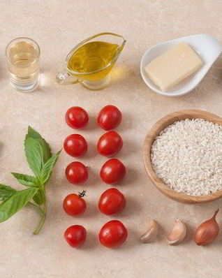 Летнее ризотто с помидорами черри, цукини и кедровыми орешками