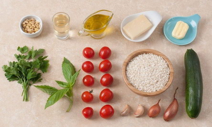 Рецепт летнего ризотто с помидорами черри, цукини и кедровыми орешками