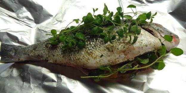дорада, фаршированная овощами и орегано по-канарски