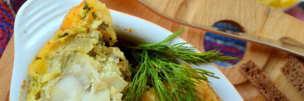 Запеченная в яйце рыба с шампиньонами