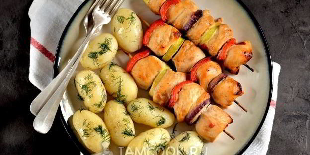 шашлык на кефире из куриного филе с овощами