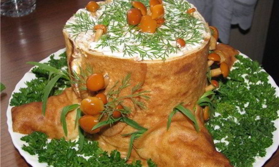 Рецепт салата пенек с опятами