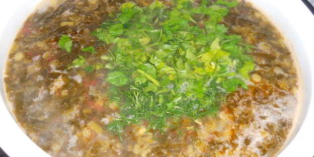 зеленый борщ с курицей и томатом