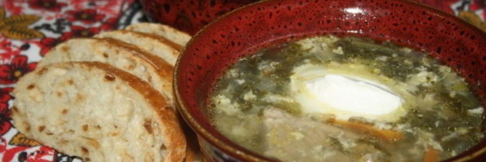 Зеленый борщ со щавелем и виноградными листьями