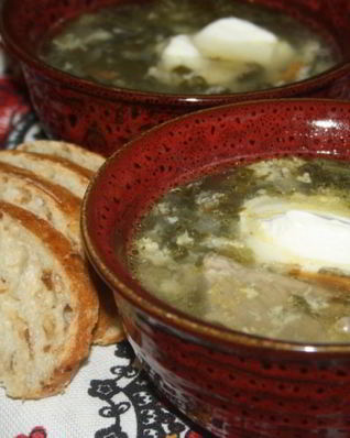 Зеленый борщ со щавелем и виноградными листьями