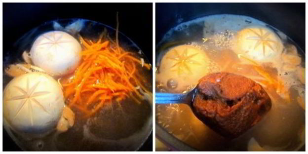 мисо суп с курицей, грибами и рисовой лапшой