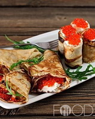 Блины с красной икрой и семгой