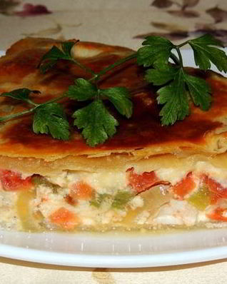 Заливной пирог с куриным филе и овощами