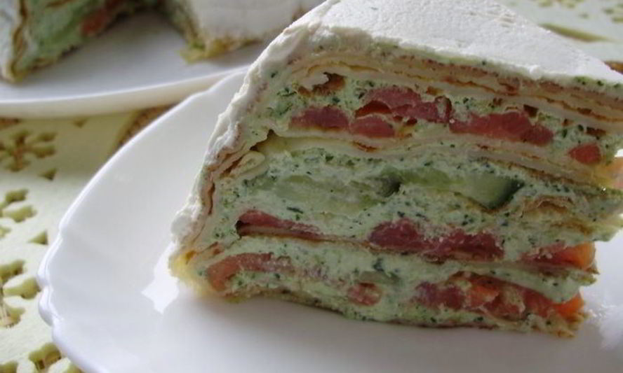 Рецепт блинного торта из семги