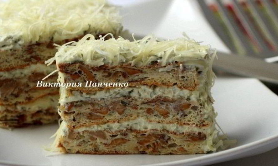 Рецепт закусочного бисквитного торта с лисичками, творожным кремом и сыром джюгас