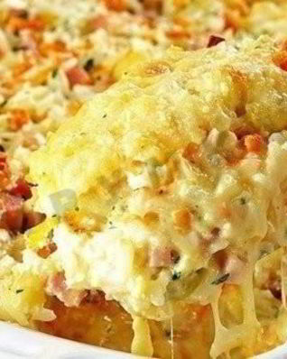 Запеканка из риса, ветчины и сыра