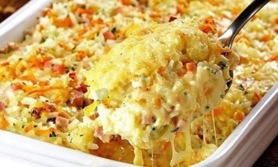 Рецепт запеканки из риса, ветчины и сыра